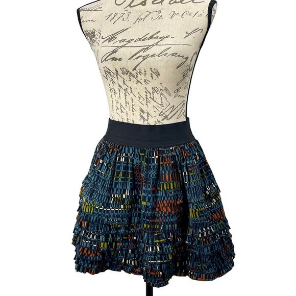Ochirly Tiered Ruffle Mini Skirt Blue Multi Geometric Print Size Small - Picture 1 of 8